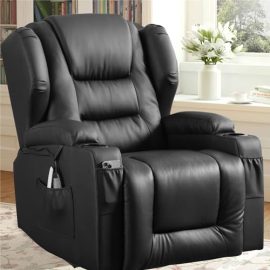 SAMERY Power Recliner Chair with Massage and Heat- Fabric Electric Recliners Chair Ergonomic Single Lounge Sofa Home Theater Seating with 2 Pockets and USB Port for Living Room (Black-Faux Leather)